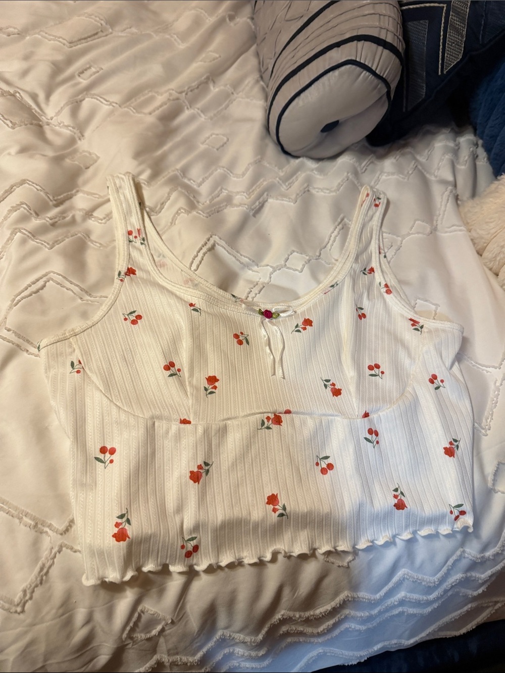 White Floral Ribbed Cropped Tank Top